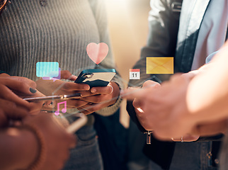 Image showing Phone, community or hands on social media app for social networking, chatting or texting with online friends. Calendar schedule, digital technology or people sharing music, data or messages outdoors