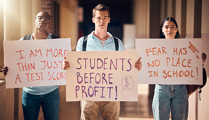 Image showing Students, protest and billboards for education at university for voice, sign or message at the campus. Student group protesting or strike with posters at school for better treatment, learning or care