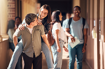 Image showing School, university or funny students in college joke as happy friends on lunch break outside of a learning classroom. Education, piggy back or excited girl walking with a romantic boyfriend on campus