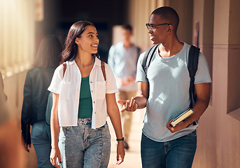 Image showing Education, students and friends on campus for university, learning and conversation, walking to class and academic goals with book. Young, woman and man with college and study, learn with scholarship