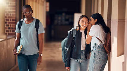 Image showing Students, bullying and whisper to gossip in school about sad boy, racism victim and social outcast. Girls gossiping about depressed, lonely and young teenager with anxiety, depression and rejection