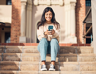 Image showing Student, smile or girl with phone on stairs for communication, 5g network or social media news app reading outdoor. Happy, mobile or woman with smartphone for networking, comic website or blog post