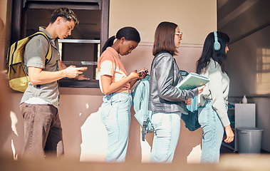 Image showing College, university or students waiting for registration or scholarship applications outside of classroom. Education, campus or school learners standing in a line for a test assessment or group exam