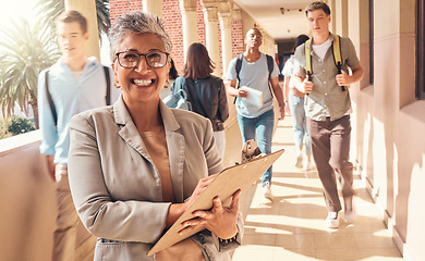 Image showing Education clipboard, students and portrait of teacher happy on college campus for coaching, teaching and learning. Knowledge study, high school principal or university professor with daily checklist