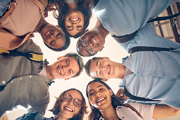 Image showing Face, huddle or student friends with smile for university support, college trust or school project team building. Happy, students teamwork or bottom view people in group circle for success or growth