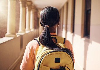 Image showing College, backpack and education with black woman in hallway of school for learning, scholarship and future. Vision, goal and knowledge with university student on campus for study, class and academic
