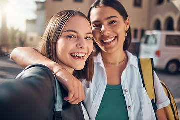 Image showing Selfie, smile and students on campus with a hug, excited for school and memory during education. Happy, university and face portrait of girl friends with a photo at college together with happiness