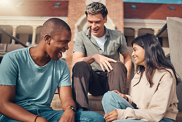 Image showing University, students and diversity friends laughing at campus building outdoor in break, happiness and fun together for education, studying and learning. Happy group of young people relax at college