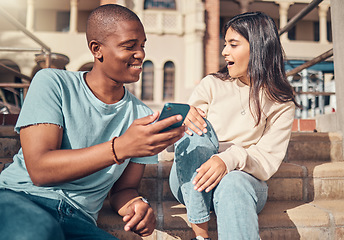 Image showing Student, friends and phone in social media at campus for news, entertainment or connectivity in the outdoors. Man and woman students sharing conversation or discussion on smartphone at university