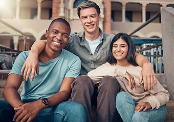 Image showing University, gen z and friends hug portrait with smile at campus together in Los Angeles, USA. Happy, interracial and student friendship with young people bonding outside college building.