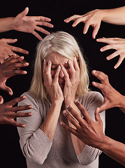 Image showing Senior woman, hands or mental health stress on black background in studio with guilt, fear or schizophrenia disorder. Scared, depression or anxiety retirement elderly with psychology bipolar burnout