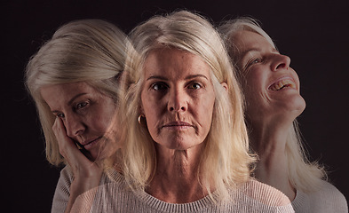 Image showing Senior woman, bipolar or mental health for depression, psychology or mood swings. Mature female, depressed or schizophrenia with identity crisis, trauma anxiety or problem with portrait, sad or smile