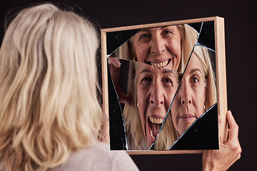 Image showing Bipolar woman, broken mirror or reflection of anxiety, depression or psychology, identity crisis or schizophrenia. Depressed face, sad or mature female with mental health, problem or black background