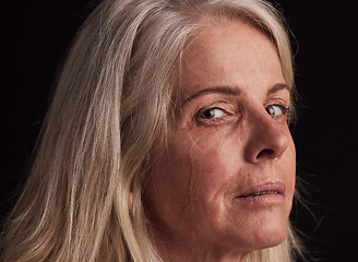 Image showing Retirement, depression and portrait of woman with sad tear on face crying with sorrow zoom. Depressed, pension and senior person with mental health problem at black studio background.