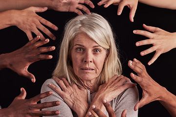 Image showing Anxiety, schizophrenia and face of woman with hands reach in horror, fear and black background for bipolar terror. Portrait, crazy and scared lady with mental health problem, depression and trauma