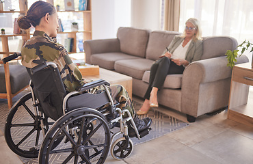 Image showing Soldier woman, wheelchair and therapist in talk, rehabilitation or support for war trauma. Psychologist, therapy or military officer for mental health, disability or communication for pain in Ukraine