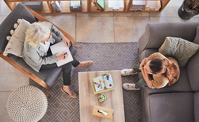 Image showing Top view, psychologist and patient woman in consultation office, lounge sofa or talking for anxiety. Senior therapist, depression or mental health for client girl, conversation or discussion above