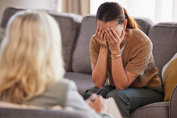 Image showing Psychology, mental health and depression with women, doctor with patient and stress, sad and frustrated in therapy session. Psychologist, depressed and cry with therapist counseling through trauma.