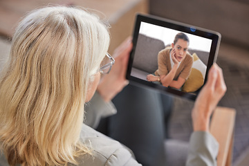 Image showing Video call, tablet or woman for digital therapy, webinar consulting or zoom call with customer, patient or client. Tech, psychology or consultant for support, divorce help or mental health and stress