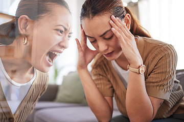 Image showing Woman, anxiety and depression on sofa with headache, reflection and shout with pain in home. Depressed girl, mental health and frustrated while angry, sad and sitting on couch at house in Los Angeles