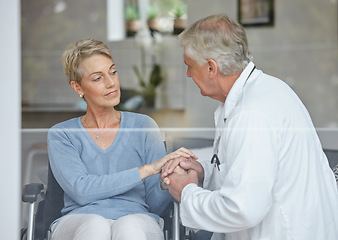 Image showing Doctor, woman patient, and senior holding hands for healthcare consulting support for sad news. Hospital, wellness and health clinic with a elderly worker showing empathy after consultation test