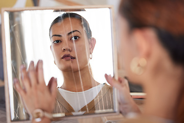 Image showing Broken mirror, bipolar woman and reflection of anxiety, depression or psychology, identity crisis or schizophrenia. Depressed face, sad girl and cracked mirror with mental health, problem and persona