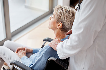 Image showing Senior woman, wheelchair and window with nurse, nursing home and support for healthcare, rehabilitation or relax. Old woman, caregiver and disability in retirement home, elderly or sitting in Florida