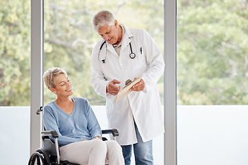 Image showing Doctor, consultation and senior patient in wheelchair for healthcare rehabilitation, medical wellness therapy and disability advice in retirement clinic. Hospital, elderly woman and physical therapy
