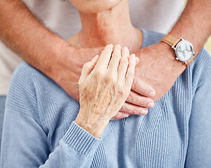 Image showing Senior couple, holding hands and support close up for trust, care and retirement wellness together. Elderly man, woman and counseling gratitude, safety and relax quality time bonding in nursing home