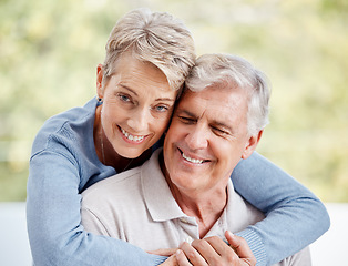 Image showing Senior couple, love or bonding hug in house or Canada home in life insurance security, trust or support. Portrait, smile or happy retirement elderly, man or woman in embrace on marriage anniversary