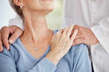 Image showing Healthcare, support and doctor hands with woman for comfort, trust and good news of medical results. Insurance, medical care and senior female holding hands with health worker at home consultation