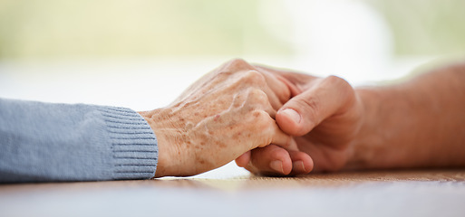 Image showing Healthcare, help or people for support holding hands of patient for trust, consulting or cancer news zoom. Friends, family or hand for empathy with comfort, depression wellness or sad funeral advise