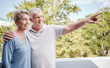 Image showing Senior couple, bonding or pointing on house balcony or home garden trees, backyard plant growth or Australian wild birdlife. Smile, happy or hug for retirement elderly man or woman and hand gesture