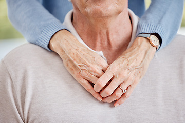 Image showing Closeup, married couple and senior hands hug partner in happy relationship of love, care or support together. Elderly man, old woman and pension people in retirement hugging for comfort, bond and age