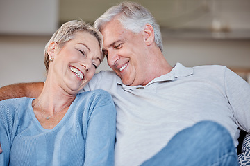 Image showing Love, smile and senior couple in living room home, bonding or cuddle. Romance, affection and retired, elderly and happy man and woman in lounge, having fun and enjoying quality time together in house