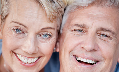 Image showing Portrait, face and senior couple with smile, retirement and happiness for romance, bonding and relationship. Romantic, mature woman and elderly man embrace, love and hug for anniversary and relax