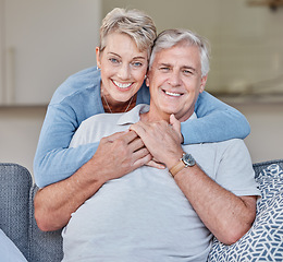 Image showing Couple, elderly and love with hug, retirement and holding hands with trust commitment, relationship and marriage. Retirement, senior man with woman and partner, bonding and happy in portrait at home.