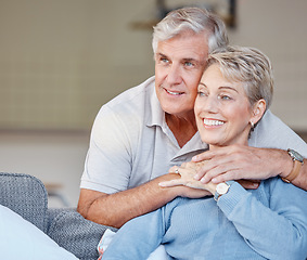 Image showing Relax, love and happy with old couple on sofa for peace, marriage and affectionate together. Retirement, bonding and embracing with man and woman in living room of home for happiness, lounge and hug
