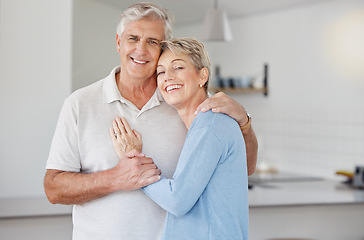 Image showing Happy, couple and elderly with love and care in family home, smile with retirement, marriage and together in embrace. Man, woman and senior portrait with happiness, partner and bonding while retired.