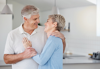 Image showing Love, senior couple and hug with smile, happy and bonding for relationship, romance and quality time. Romantic, mature man and elderly woman embrace for loving, relax and together in home or marriage