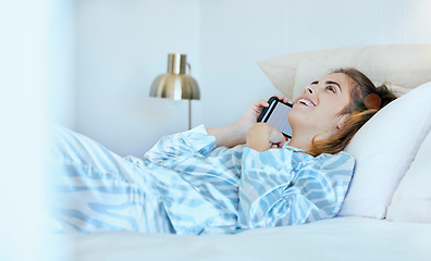 Image showing Woman, phone call and bed in the morning, happy and conversation. Female, smartphone and girl in bedroom, talking and smile for weekend break, communication and wifi connectivity to relax and call
