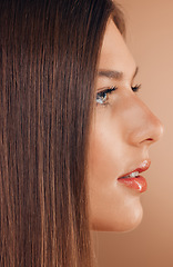 Image showing Hair, beauty and face profile of woman in studio on brown background for beauty products, makeup and cosmetics. Spa, salon aesthetic and side profile of girl for treatment, healthy skin and hair care