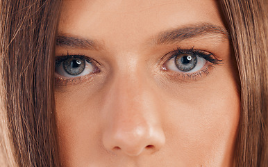 Image showing Woman, eyes and face in vision for sight, beauty or awareness staring with facial cosmetics or makeup. Closeup portrait of female looking in eyesight, skincare or microblading eyebrows and eyelashes