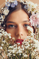 Image showing Woman, beauty portrait and flower crown for natural cosmetic, organic wellness and skincare in spring. Model, face and flowers for glow skin, makeup and floral art for cosmetics by studio background