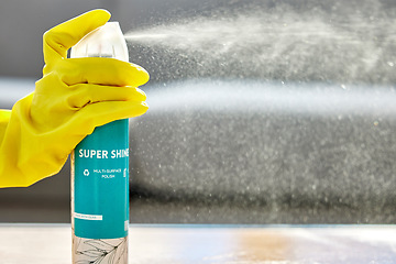 Image showing Woman, hand glove or product spray for hygiene maintenance, spring cleaning or housekeeping for bacteria surface. Zoom, worker employee or maid cleaner with healthcare wellness container for safety