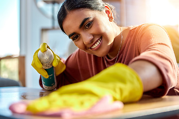 Image showing Cleaner, cleaning spray with woman and cleaning service, furniture polish of home or office, hotel housekeeping or housework. Spring cleaning, hygiene and maid, cleaning product and disinfect surface