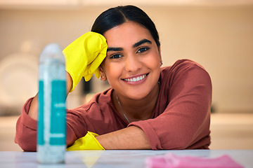 Image showing Woman, face or spray bottle in spring cleaning, hygiene maintenance or bacteria security in home, hotel or office building. Portrait, smile or happy maid, cleaner or housekeeping employee and product