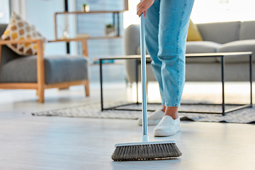 Image showing Cleaning, woman with broom and sweeping living room dirty floor and spring cleaning. Housekeeper, cleaner and housekeeping service or home maintenance for fresh, neat and dust free house or apartment