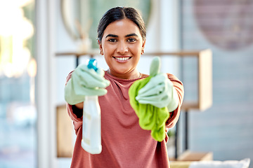 Image showing Woman, portrait smile and detergent with cloth for cleaning, hygiene or house disinfection at home. Happy female cleaner smiling holding spray bottle and fabric for disinfect, wash or housework