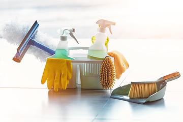 Image showing Product, cleaning or basket with spray, soap or gloves in a container for messy, dirty or dusty bacteria. Spring cleaning, cleaning supplies or liquid soap chemicals in spray bottle for home